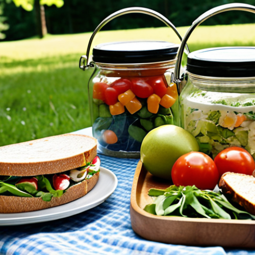 A perfectly organized and appealing summer picnic in a sun-dappled Swedish park. The scene highlights gourmet sandwiches and wraps artfully arranged, alongside vibrant, layered jar salads that showcase fresh, local ingredients. Emphasize smart, transparent food containers that keep components separate and fresh, creating an impression of effortless preparation and delicious, high-quality food. Soft, warm lighting, inviting atmosphere.
