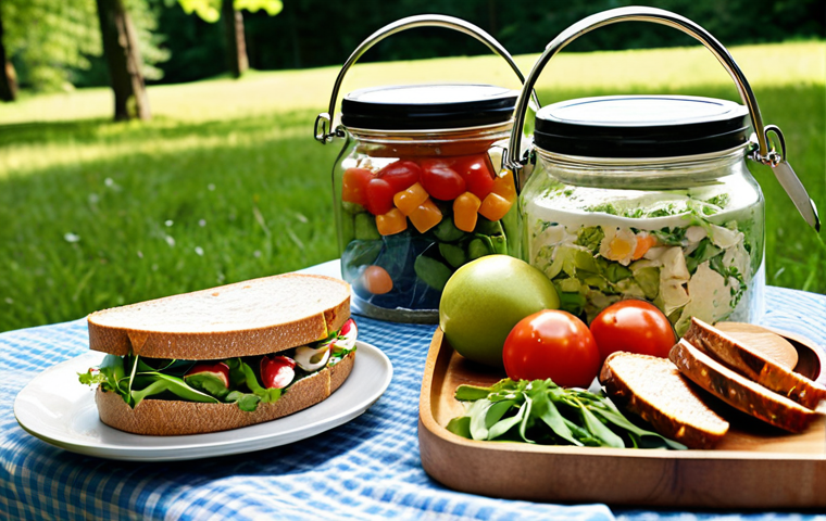 A perfectly organized and appealing summer picnic in a sun-dappled Swedish park. The scene highlights gourmet sandwiches and wraps artfully arranged, alongside vibrant, layered jar salads that showcase fresh, local ingredients. Emphasize smart, transparent food containers that keep components separate and fresh, creating an impression of effortless preparation and delicious, high-quality food. Soft, warm lighting, inviting atmosphere.