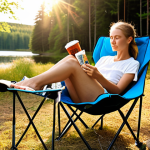 **

Cozy camping setup. Focus on a person comfortably seated in an ergonomic camping chair with adjustable backrest and breathable mesh, enjoying the nature. Include a mug holder with a drink, side pockets with magazines. Sunlight and Swedish summer vibes.

**